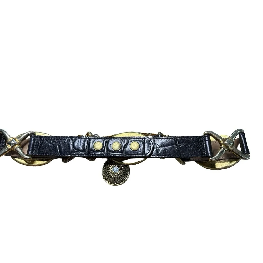STREETS AHEAD 80S VTG WIDE LEATHER CRYSTAL GOLD CHAIN‎ MEDALLION BELT SML RUNWAY